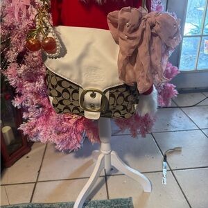 Coach Brown and White Shoulder Bag with Pink Bow